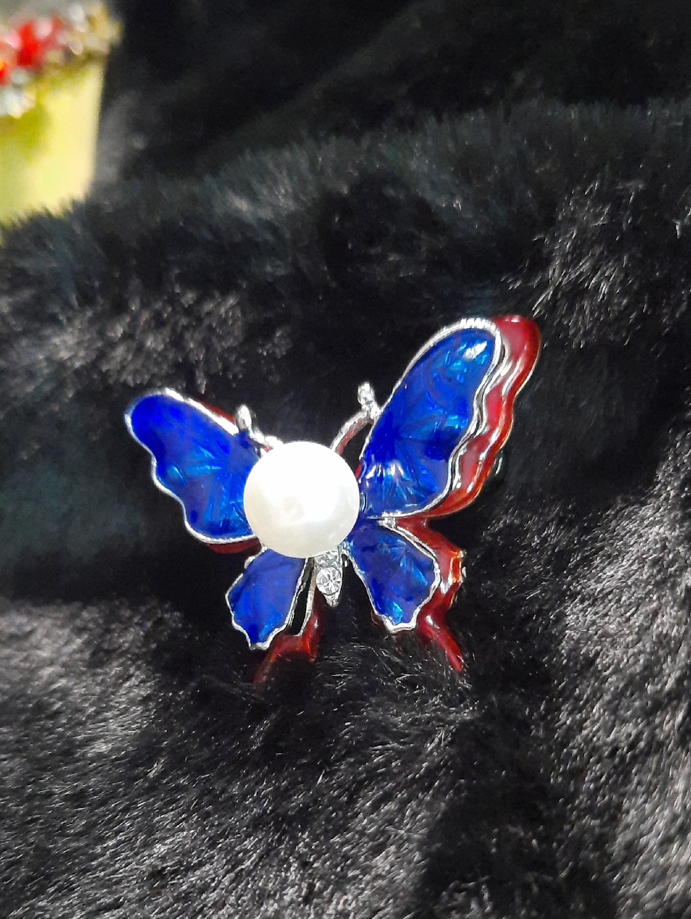 Blue & Red Butterfly Pearl Accent Brooch - Women Jewelry